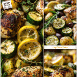 Sheet pan with baked chicken, zucchini, and Mediterranean herbs fresh from the oven.